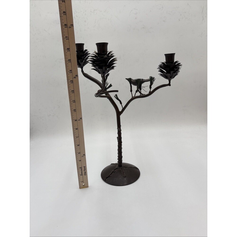 17” Rustic Brass Metal Candle Holder Pine Cone Centerpiece Candelabra